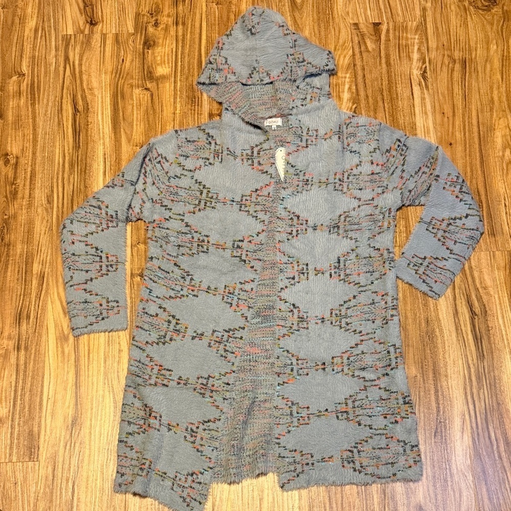 Oceanus women’s large cardigan sweater knit tribal Aztec hooded blue grey nwt